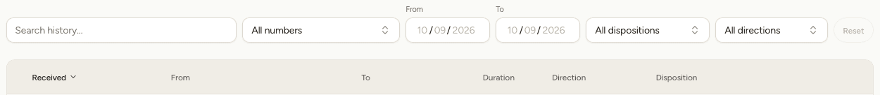 The search box and the number, date, disposition and direction filters above the call history table