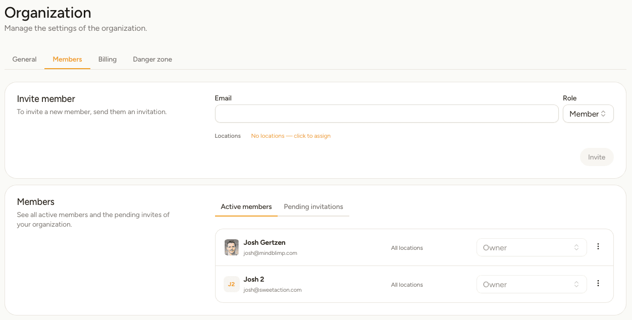 The Members tab with the invite form above the list of active members