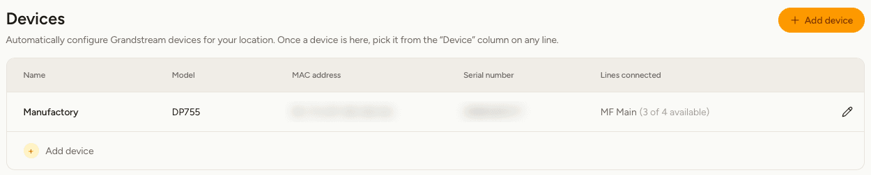 The Devices screen listing a phone with its name, model and the lines connected to it