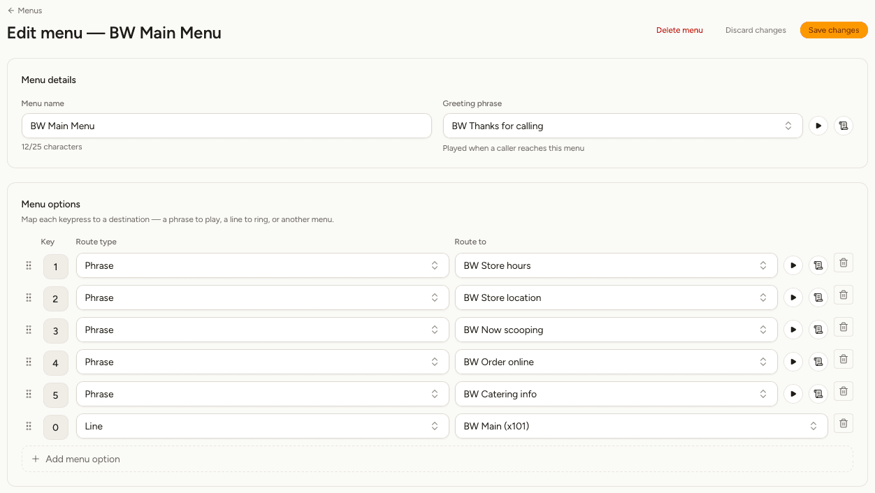 The menu editor with several keys playing phrases and key 0 ringing a line
