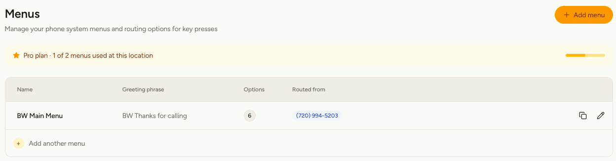 The Menus screen listing a menu with its greeting phrase, option count and what routes to it