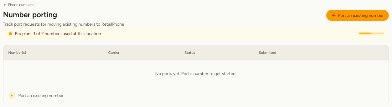 The Number porting screen with no requests yet and a button to port an existing number