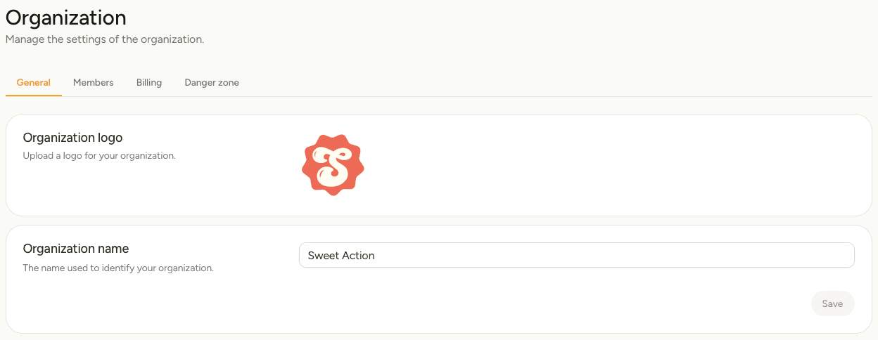 The Organization settings screen with tabs for General, Members, Billing and Danger zone