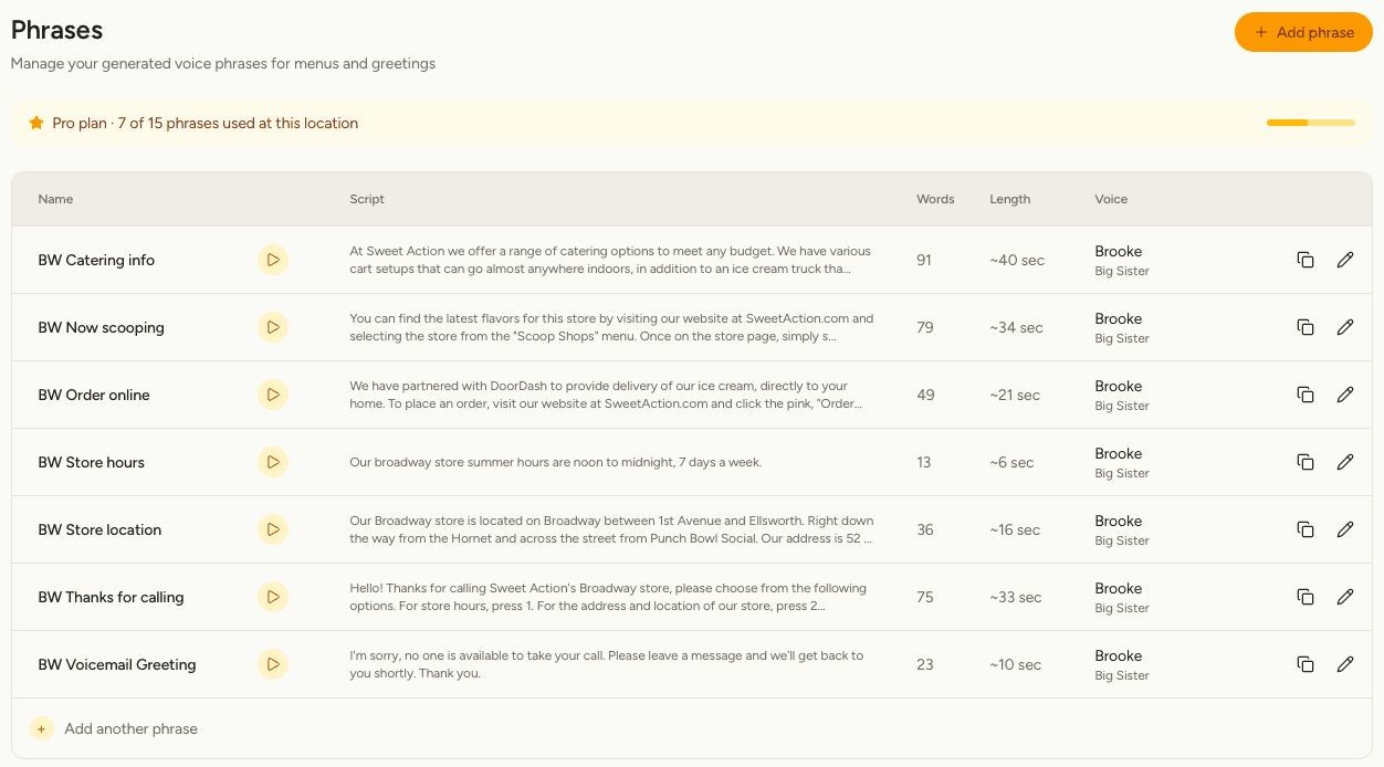 The Phrases screen listing phrases with their scripts, word count, length and voice