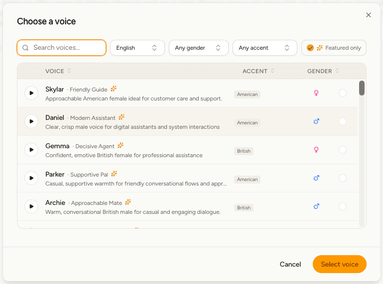 The voice list with search, language, gender and accent filters and a play button on each voice