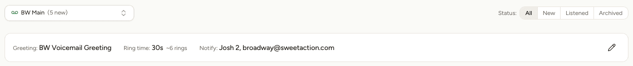 The mailbox selector, the status filter and the voicemail settings bar above the message list